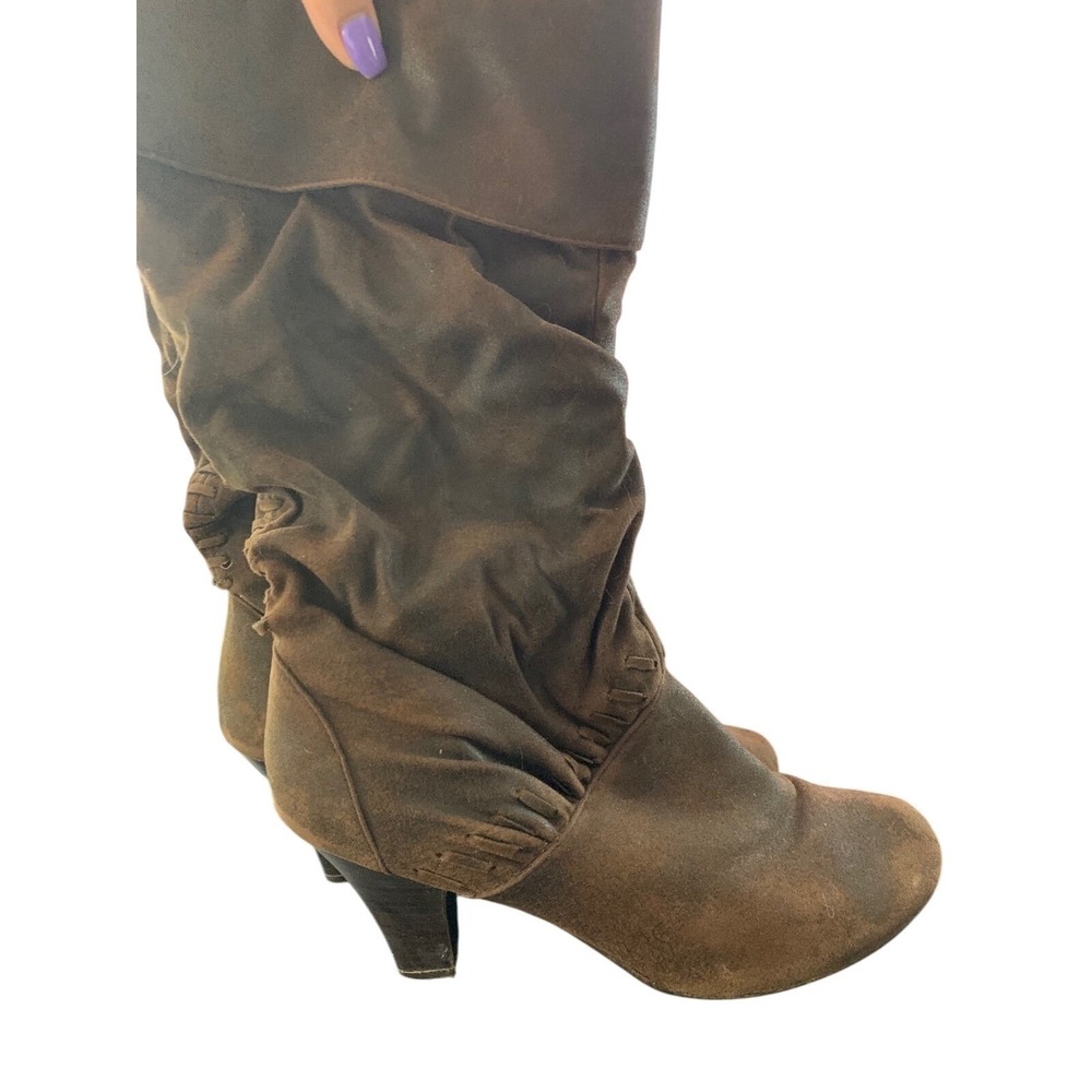 Brown Suede Knee High Slouch Boots Cone Heel Casual Fashion‎ Shoes